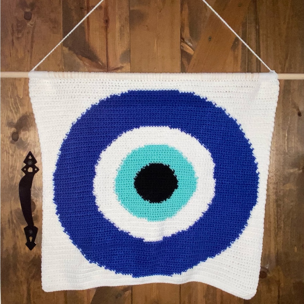 Crocheted Evil Eye Wall Hanging Decor - Blue and White
